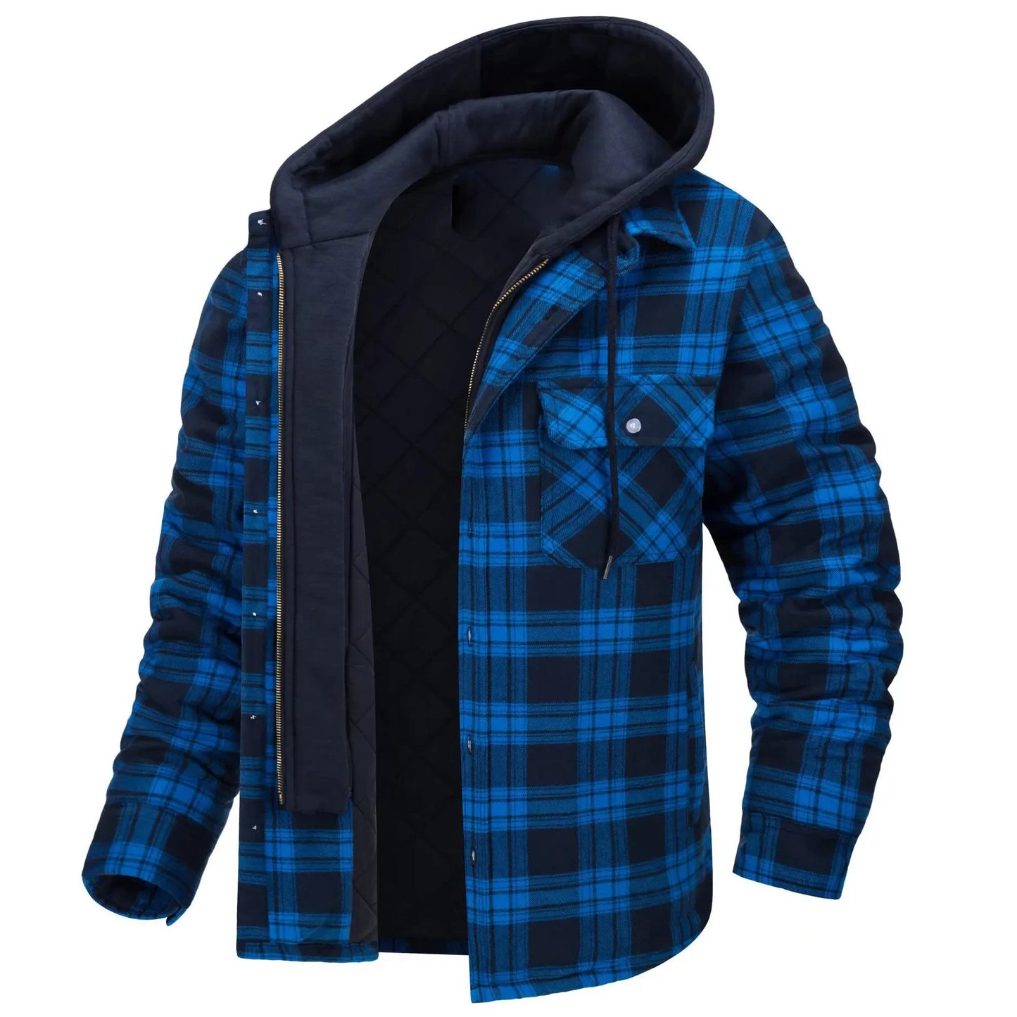 Wincenty - flanelowa kurtka męska z kapturem, kolor niebieski