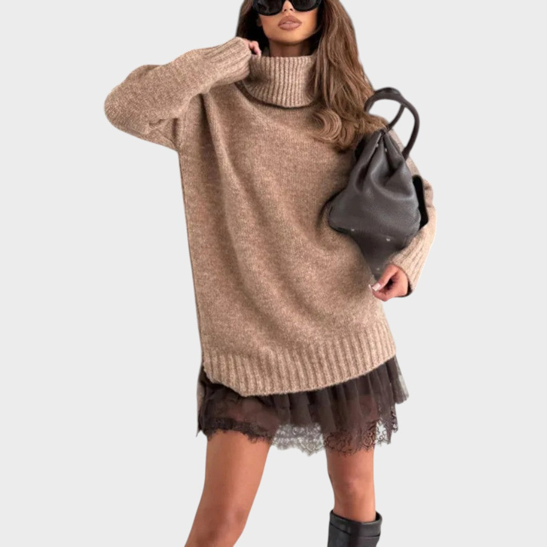Nadzieja — komplet sweter i sukienka, kolor Beżowy / Brązowa